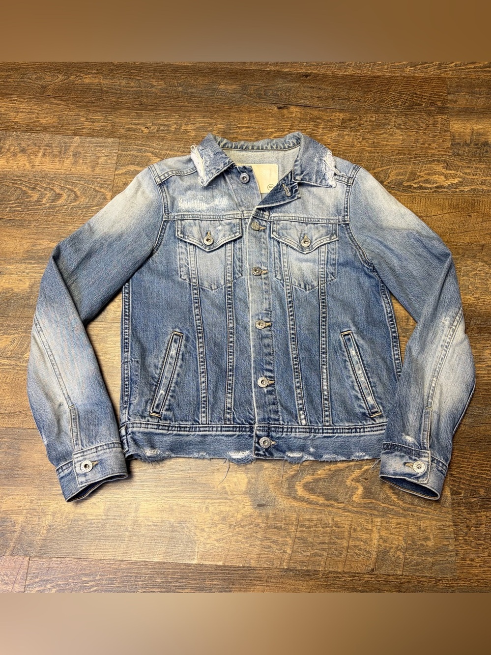 AG Adriano Goldschmied Blue Denim Jacket Womens Small Distressed Grunge Festival